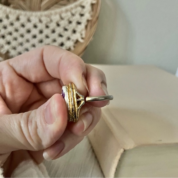 Painted African Violets Enamel Gold Adjustable Antique Ring Statement Floral - Picture 11 of 14